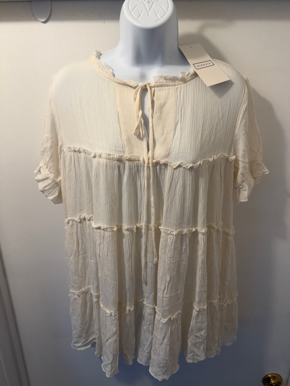 Cream Tiered Peasant Blouse with Tie Neck